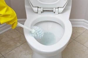 Gloved hand scrubbing toilet