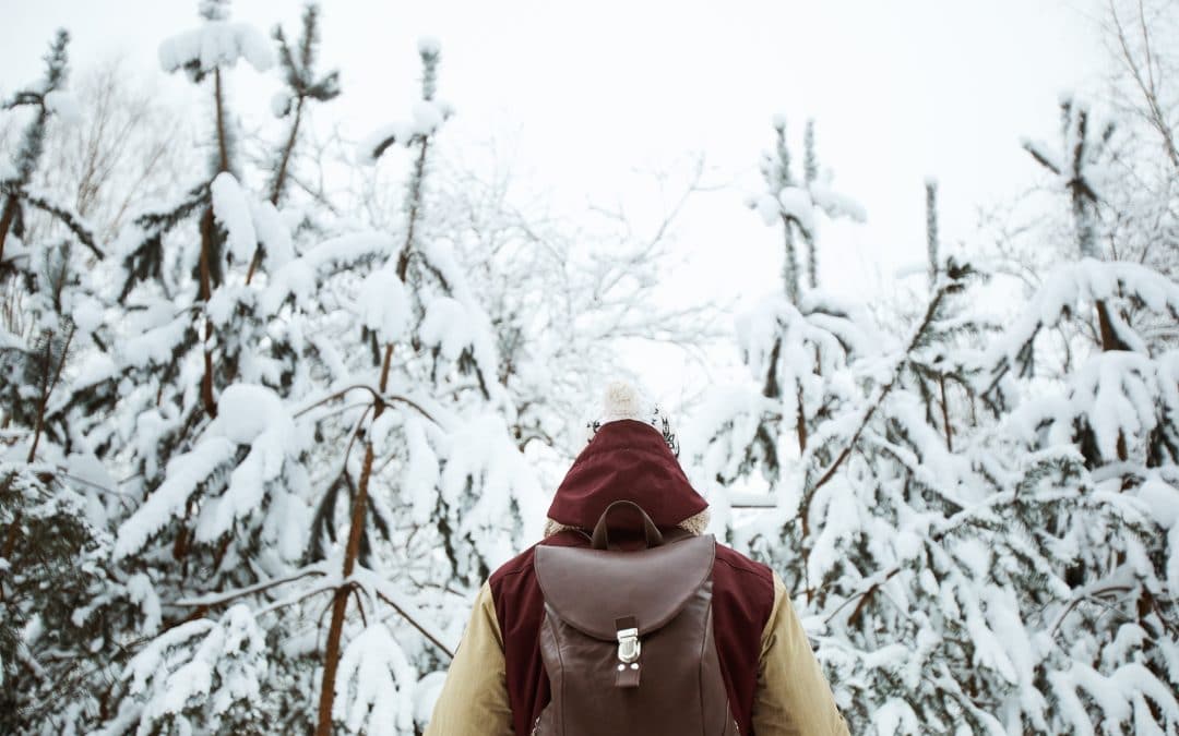 woman with beanie facing trees with snow on them